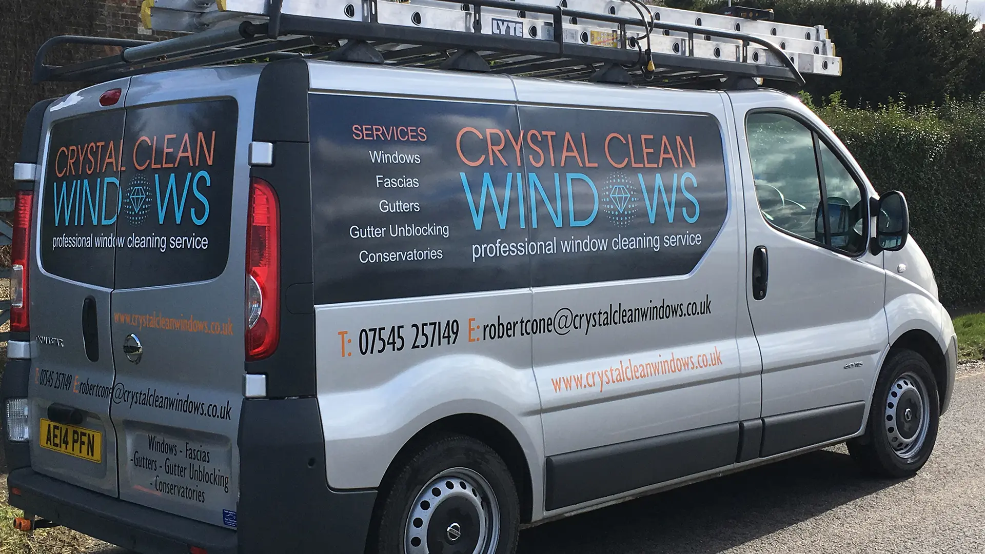 Crystal Clean Windows branded service van parked in Parson Drove, offering window, gutter, and fascia cleaning services in Wisbech.