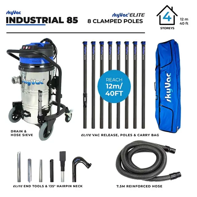 Infographic showing the SkyVac Industrial 85 gutter cleaning system used by Crystal Clean Windows, featuring 12-meter reach carbon fiber poles.